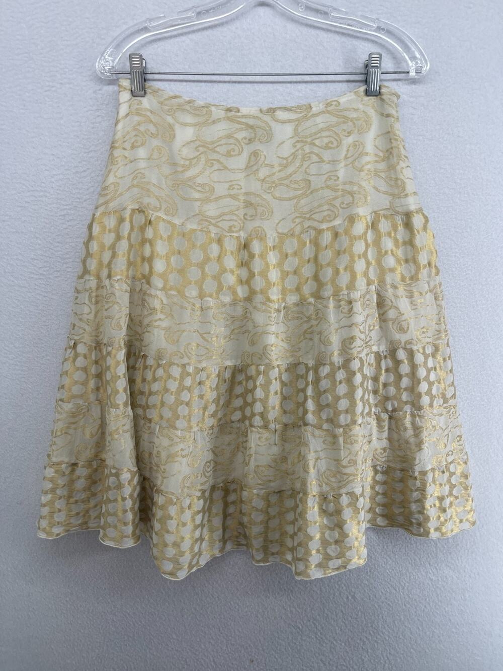 DRAMA Skirt 4 Silk Jacquard Polka Dot Tiered A-Line Midi Side Zip Gold USA VTG